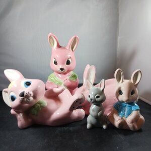 Vintage 5pcs Ceramic Bunny Rabbit Figurines Pink Glazed Shelf Decor